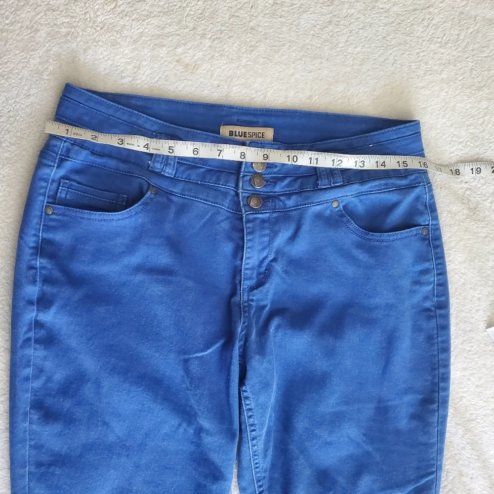 Blue Spice 13 Blue Skinny Ankle Mid Rise Pants Five Pockets Colorful Festive Fun